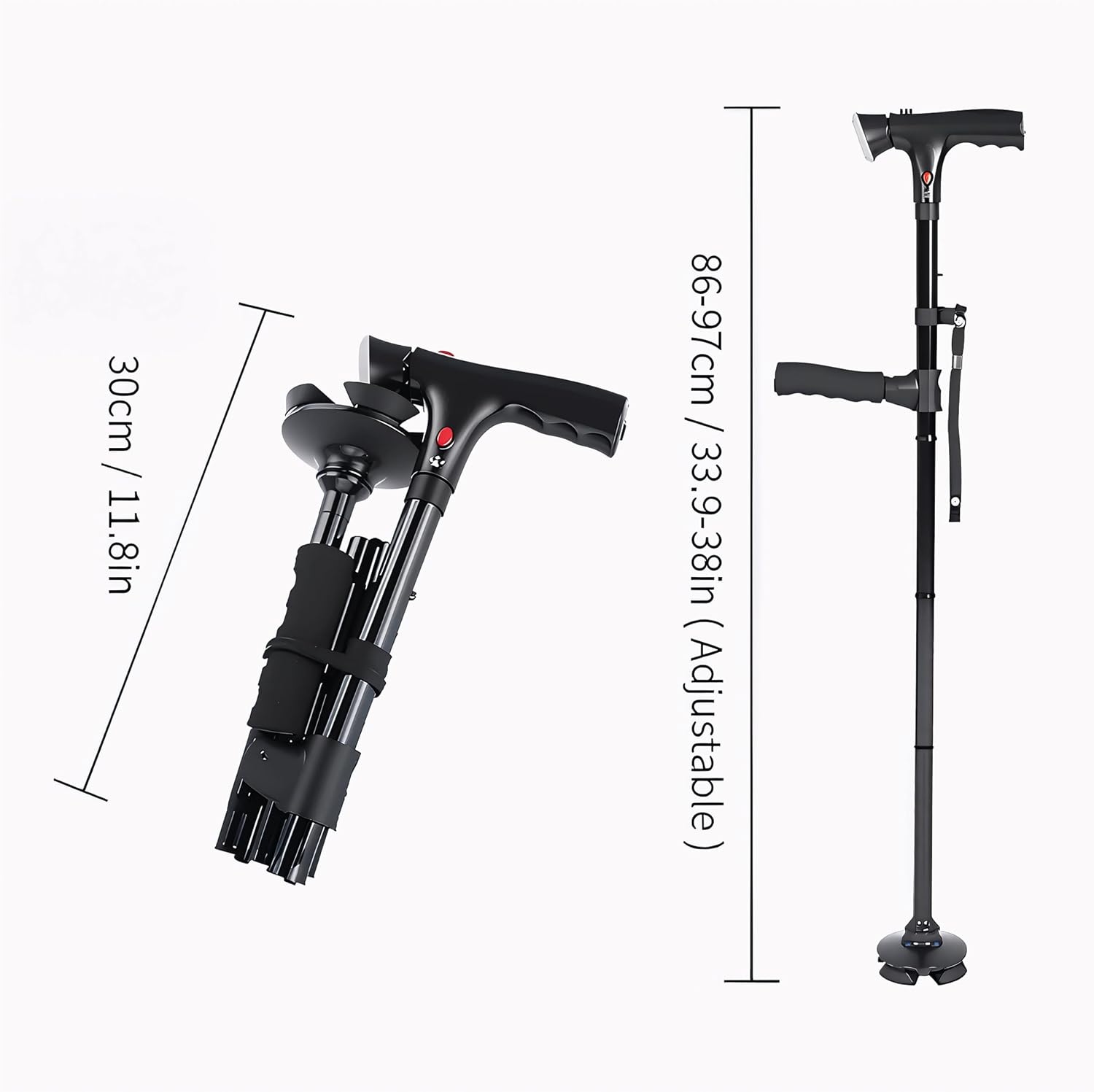 Foldable LED Walking Cane with Emergency Alarm & Double Handles – Adjustable, Lightweight, Non-Slip Base – Mobility Aid for Seniors, Safety Cane for Elderly, with Built-in Flashlight, Comfort Grip
