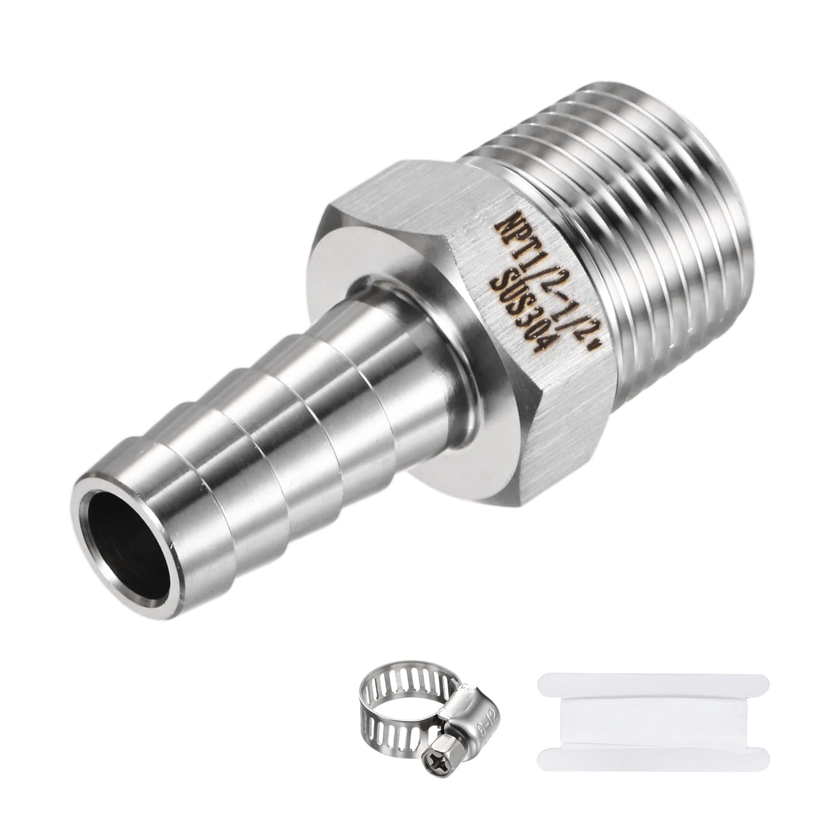 M METERXITY 1-Pack Garden Hose Adapter, 304 Stainless Steel 1/2" Barb x 1/2" NPT Male Threaded Connector with Sealing Tape & Clamp Garden Hose Convert Fitting for Pipe