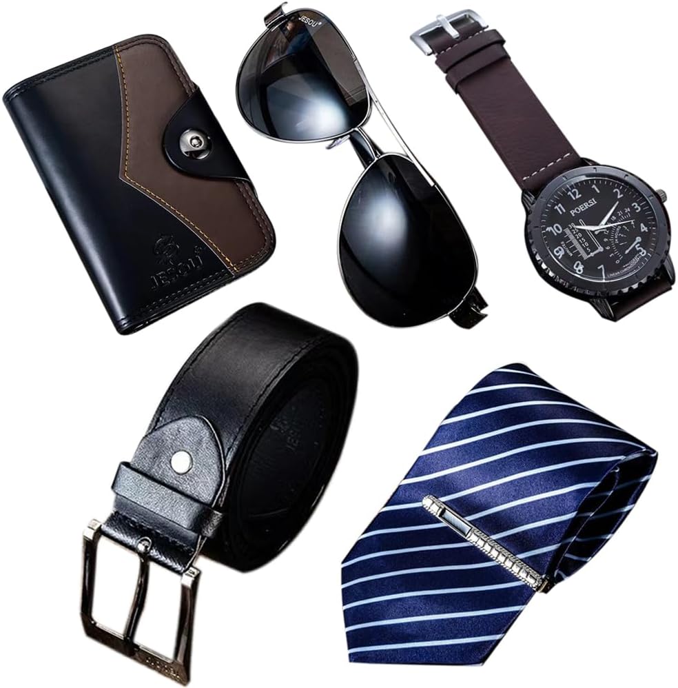 WEIN Men's Gift Box Set - 5PCS Including Quartz Analog Wrist Watch, Sunglasses, Tie, Wallet, Belt - Business Casual Fashion Gifts Set Box Organizer - Black
