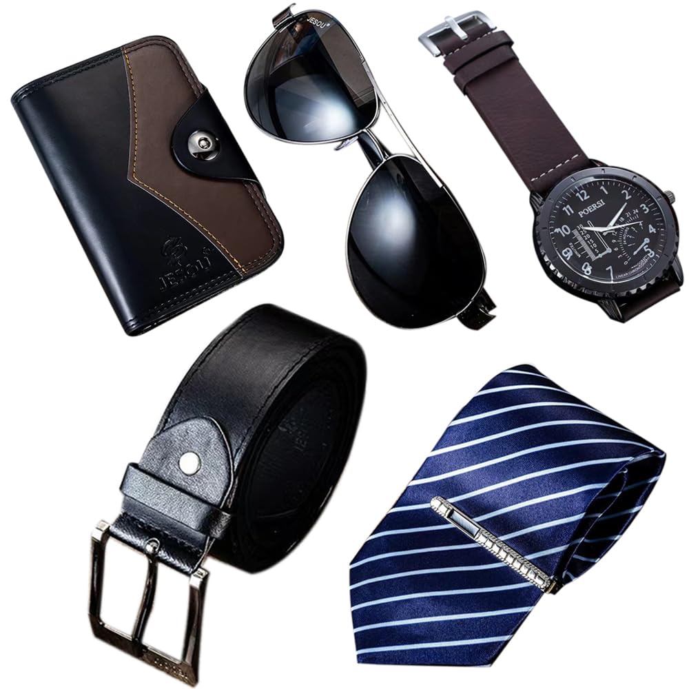 WEIN Men's Gift Box Set - 5PCS Including Quartz Analog Wrist Watch, Sunglasses, Tie, Wallet, Belt - Business Casual Fashion Gifts Set Box Organizer - Black