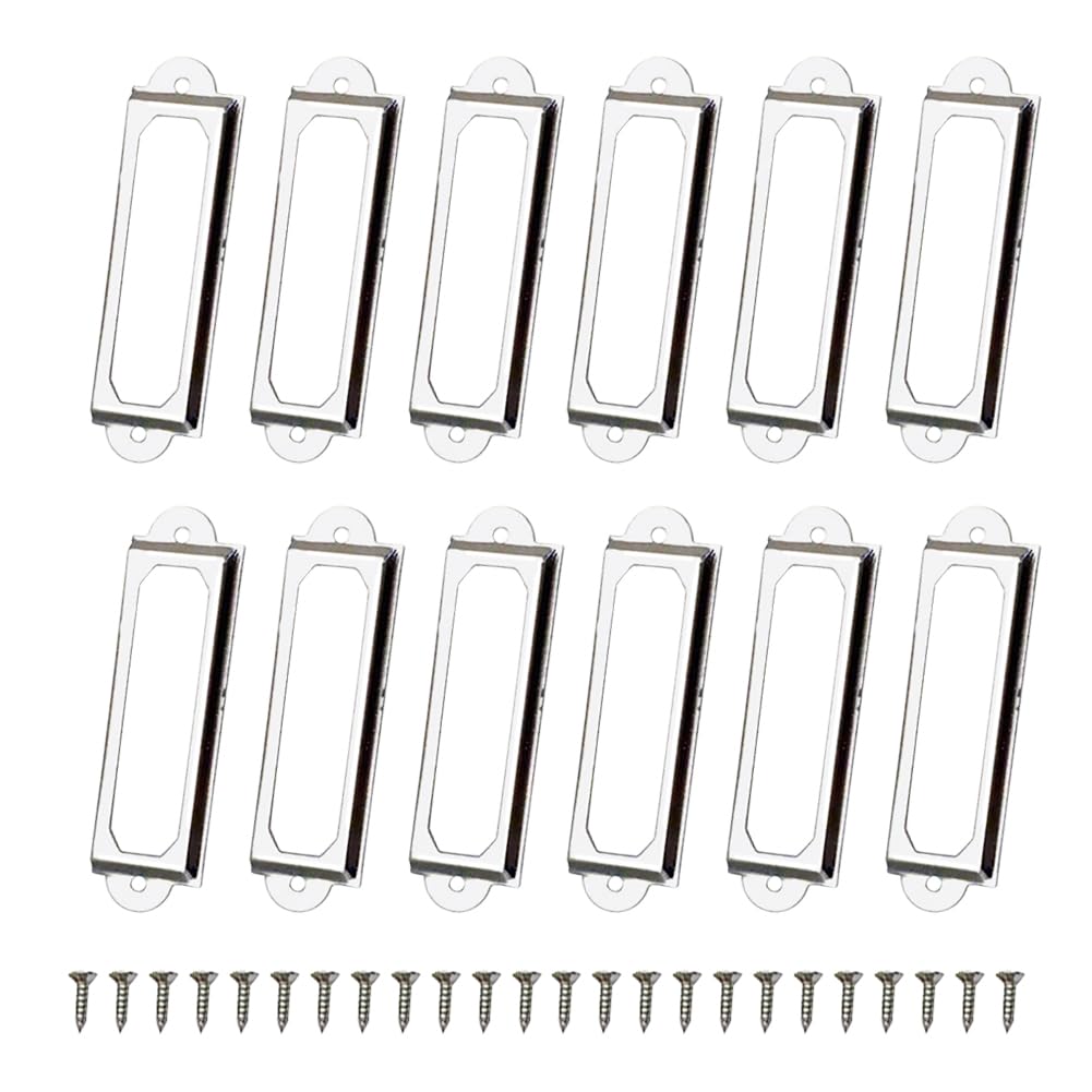 FSSTUD 60 Pcs Small Metal Rectangle Label Holders Library File Drawer Tags File Cabinet Label Frames Name Card Label Holders Vintage Office Card Frame with Screws for Gift Box Lockers Silver