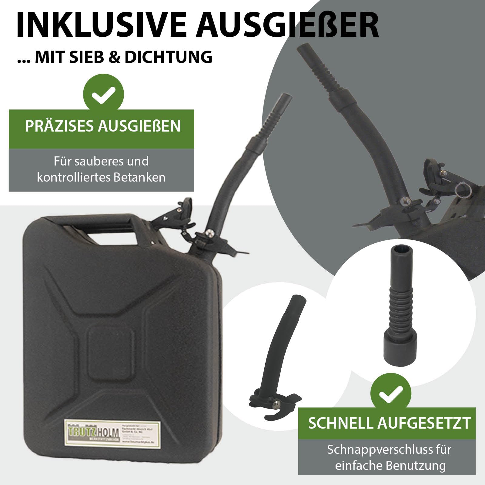TRUTZHOLM 2 x Kraftstoffkanister Metall Benzinkanister 20 Liter - Schwarz - UN-Zulassung, inkl. Ausgießer & Halterungen