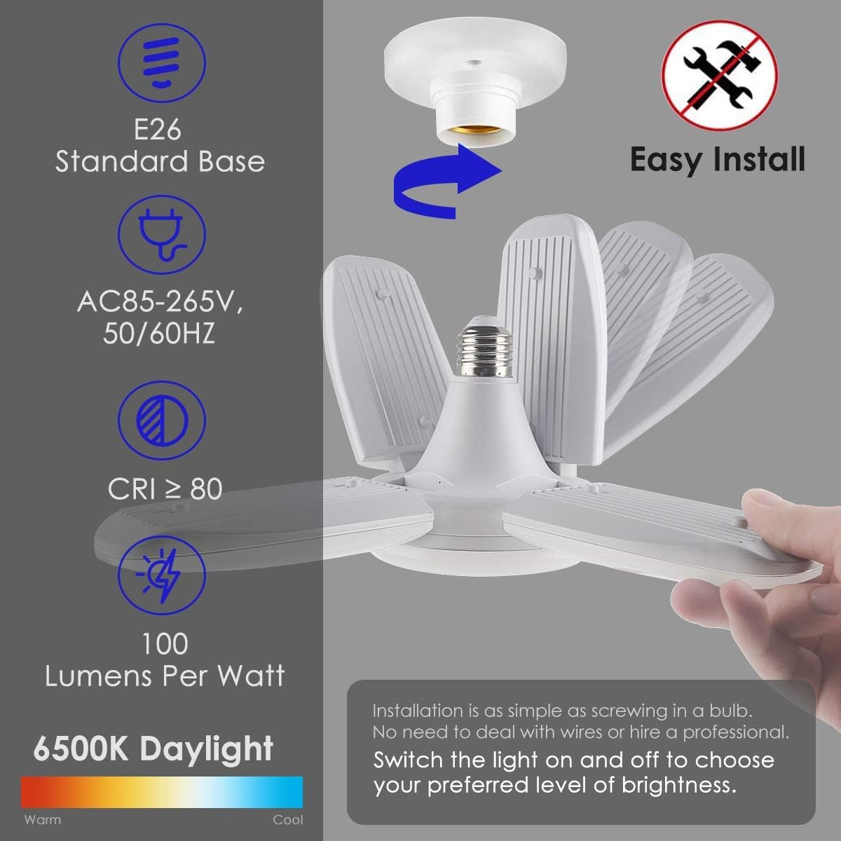 Limited 80W LED Garage Lights, 8000LM 6000K LED Shop Light, E26/E27 Screw in LED Light Bulbs with 4+1 Adjustable Panels, Deformable Garage Ceiling Lighting for Garage, Workshop, Warehouse, Basement-2 Pack