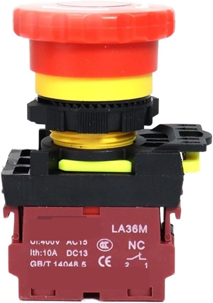LA36M Emergency Stop Power Button Switch - 22mm Mushroom Push Switch with LED Light, for Industrial and Home Use(2NC-AC220-380V with red Light)