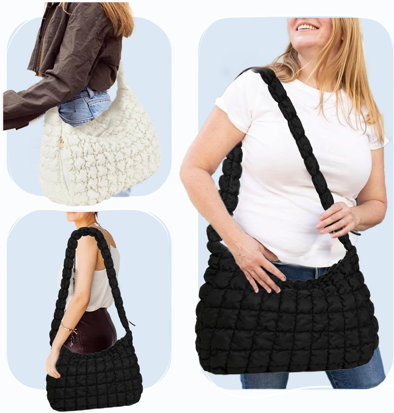 Long Shoulder Strap Puffer Bag, Adjustable Strap Crossbody Bubble Hobo Bags for Women (Black) - Image 2