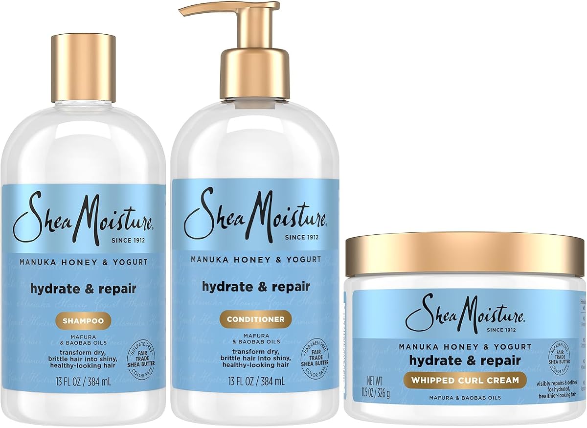 Champú y acondicionador SheaMoisture, miel de Manuka y yogur hidratan y reparan + crema batida para rizos para definición del cabello rizado, control del encrespamiento