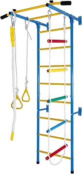 5 in 1 Metal Swedish Ladder Wall Set Stall Bars for Exercise Gymnastic Wall with Rope Ladder, Pull-up Bar, Wall Ladder, Rope, and Gymnastic Rings Gym for All Family Medium