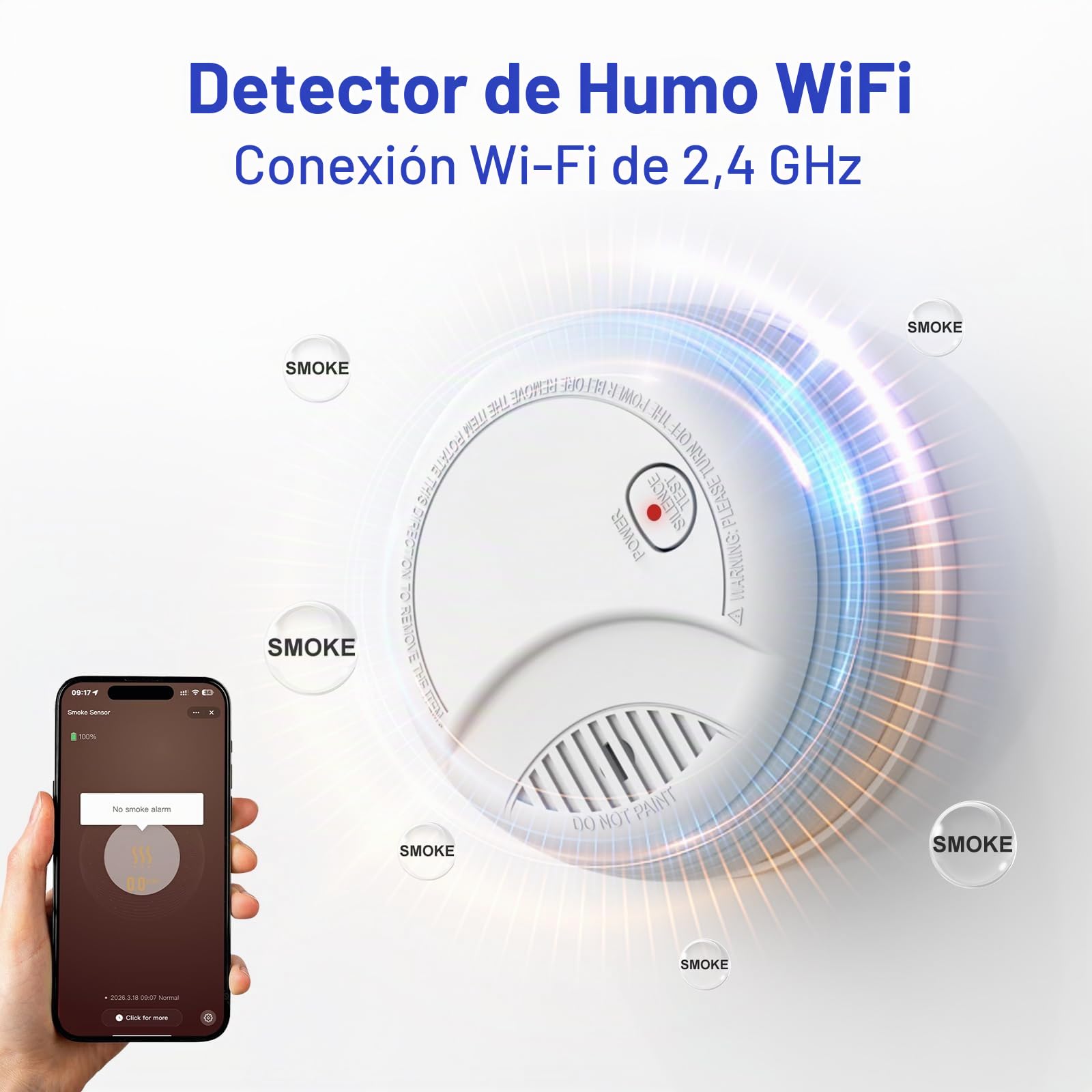 Detector de Humo WiFi Alarma de Incendio Inteligente con Notificaciones App y Silencio Remoto, Pila Sustituible, Certificado EN 14604, Notif. de Tuya/Smart Life a la Familia, 3 Pieza