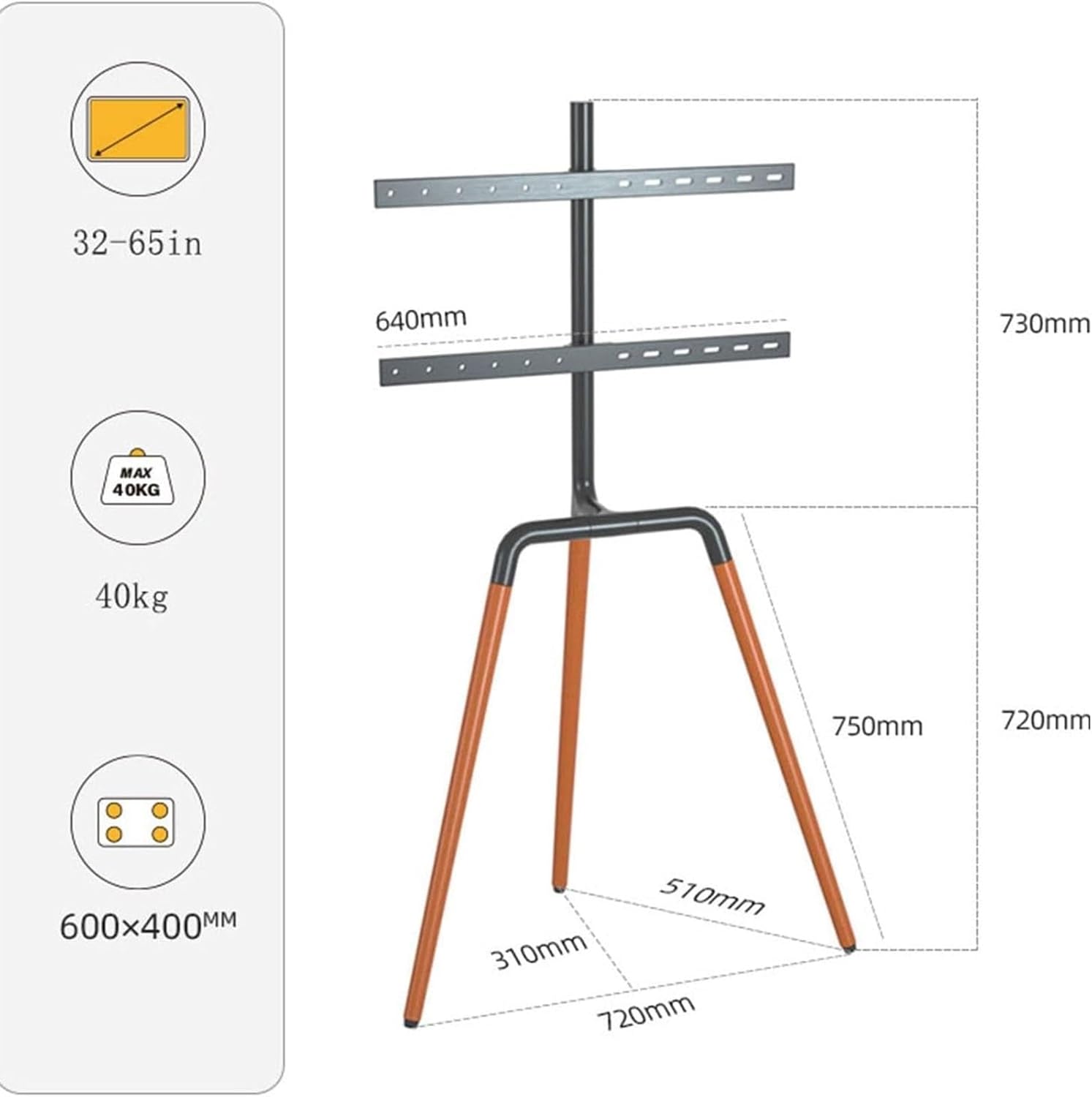 Tv Mount - TV Tripod with A Load Capacity of Up to 40 Kg, Suitable for 32-65 Inch LED LCD Flat and Curved Screens, Height-Adjustable Studio Screen Display Stand for Bedroom, Living