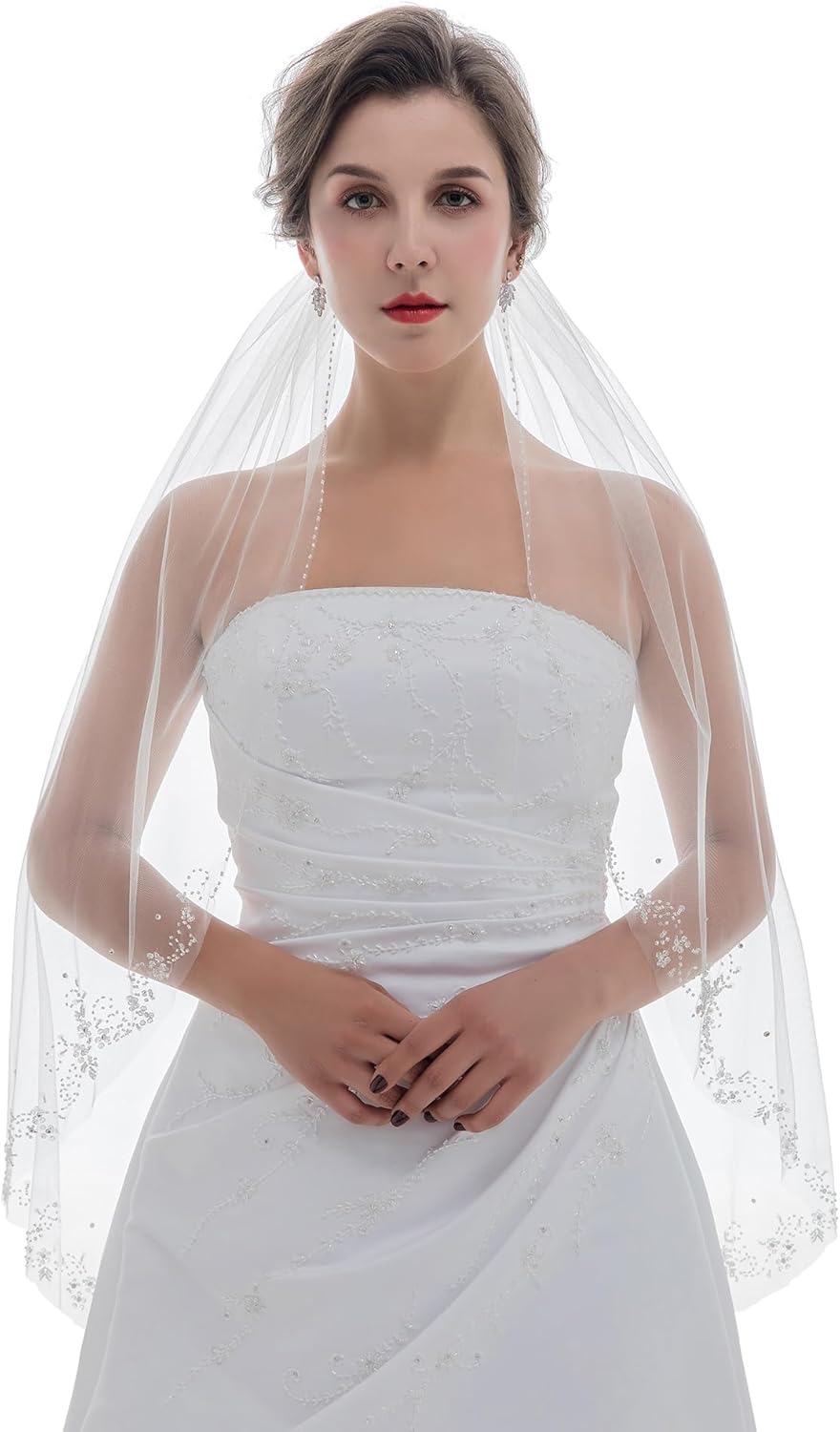 SAMKY 1T 1 Tier Floral Vine Motifs Crystal Beading Edge Veil Fingertip Length 36"