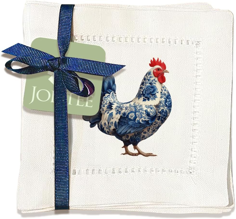 Jolitee Decorative Hemstitch Cocktail Napkins, 6"x6" Washable Linen-Like Cloth Napkins, Handmade for Entertaining and Everyday Use (Chinoiserie Chicken)