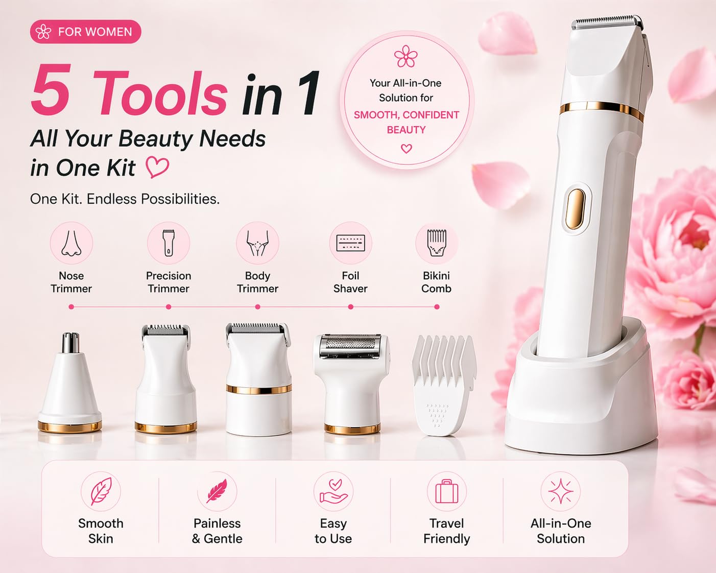 Rasoio elettrico 5 in 1 per bikini, da donna, ricaricabile, impermeabile, per corpo e viso, rasoio indolore per peli pubici con testine intercambiabili, trimmer per naso e viso, ricarica USB, uso