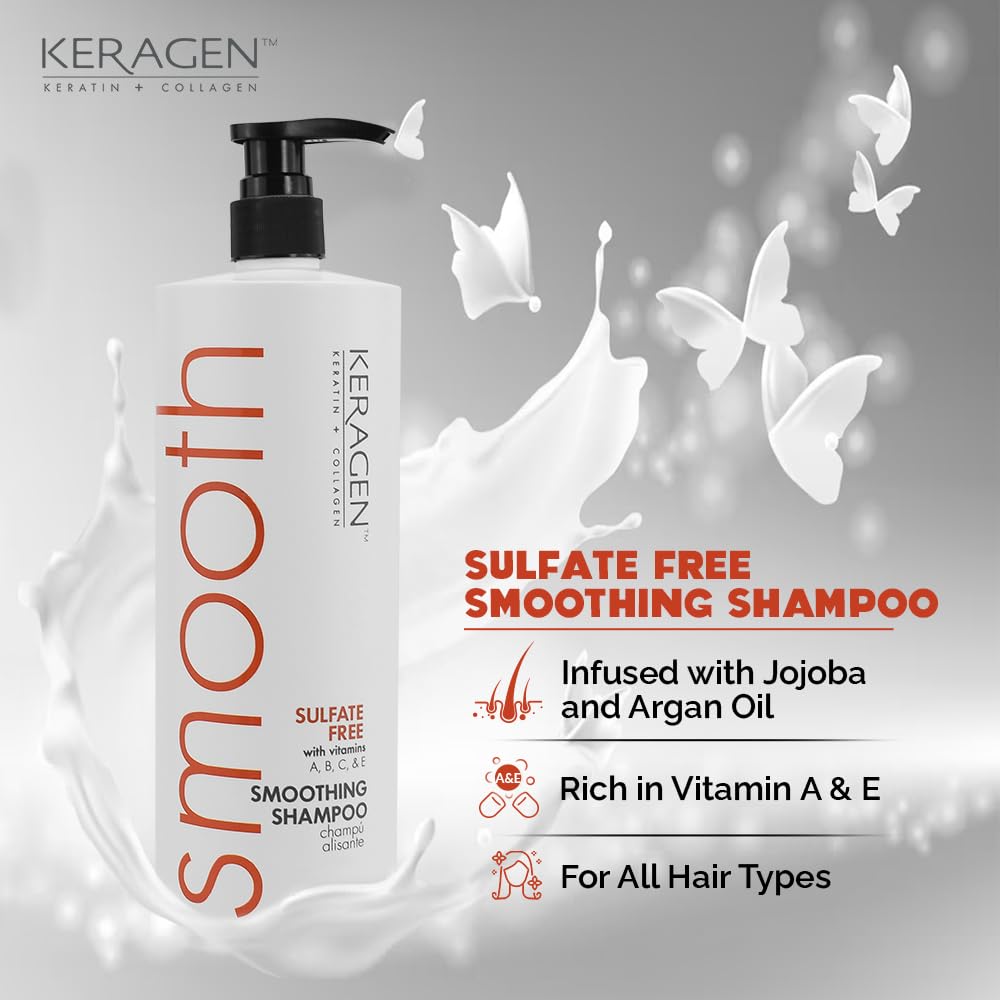 KERAGEN Hair Combo: Smoothing Shampoo (32 Oz) + Smoothing Treatment (16 Oz) - Sulfate Free, Moisturizes, Strengthens, Protects Color, Eliminates Curls, Frizz