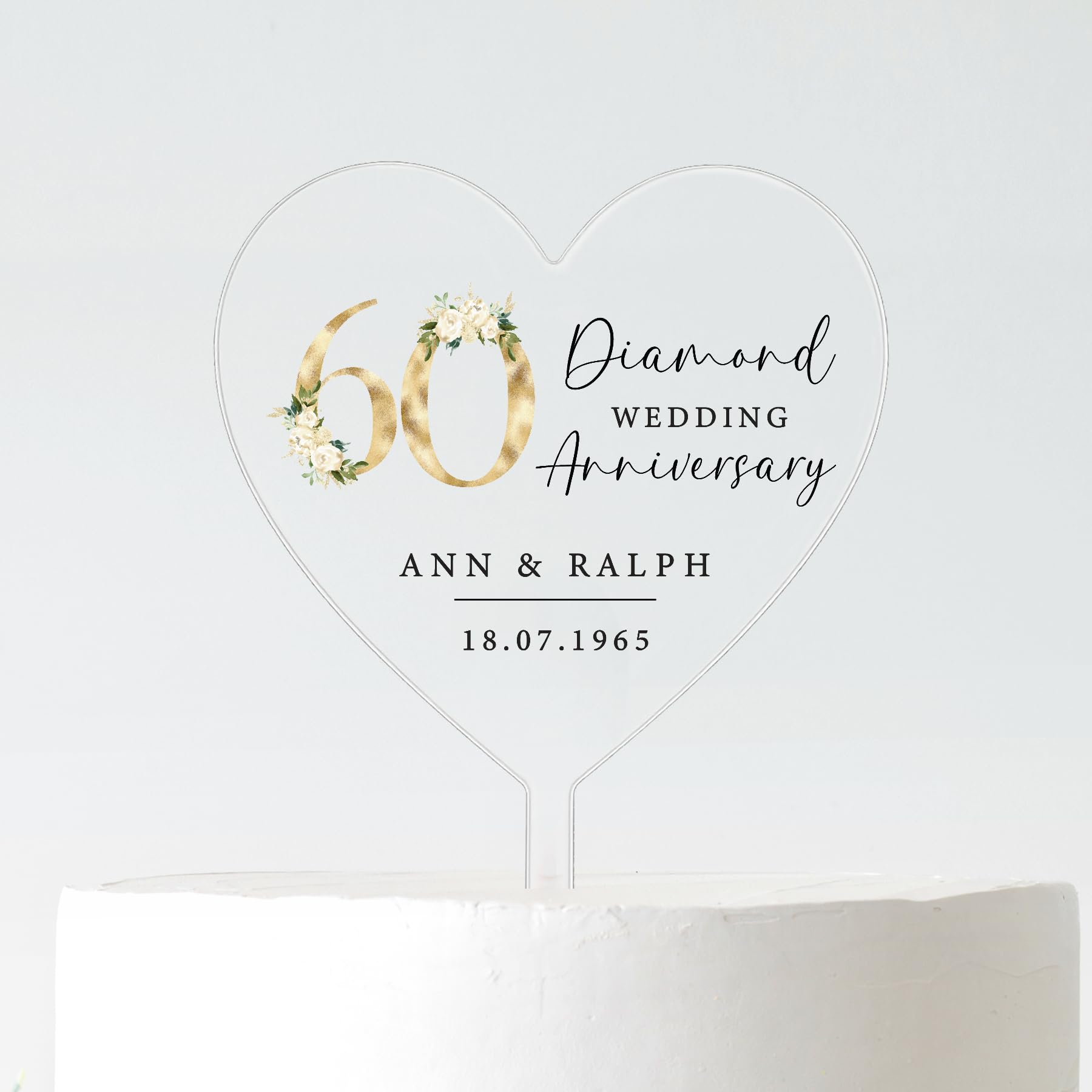 Personalised 60th Wedding Anniversary Cake Topper | Diamond Anniversary Heart Cake Decoration | Custom Names & Date | Frosted Acrylic | 10cm or 12cm (BLACK TEXT, 10CM)