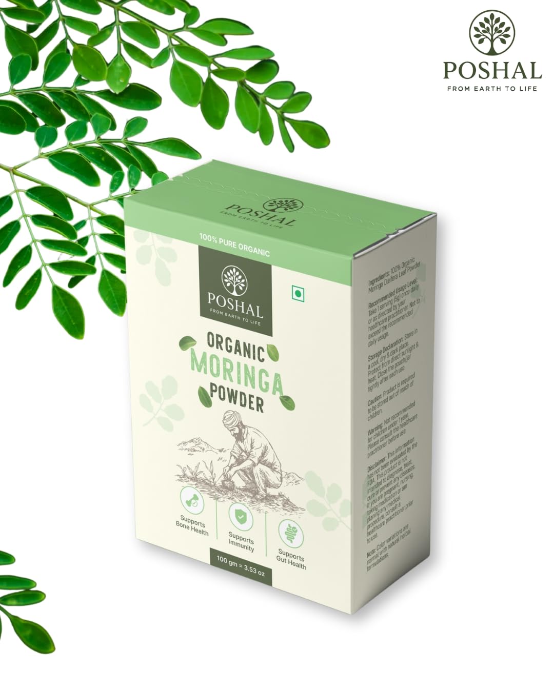 Poshal - Organic Moringa Powder | Natural Ayurvedic Superfood for immunity, energy and welfare | Herbal supplement for overall health and balance. 100% pure leaf powder - 100 grams Poshal - Organic Moringa Powder | Natural Ayurvedic Superfood for immunity, energy and welfare | Herbal supplement for overall health and balance. 100% pure leaf powder - 100 grams