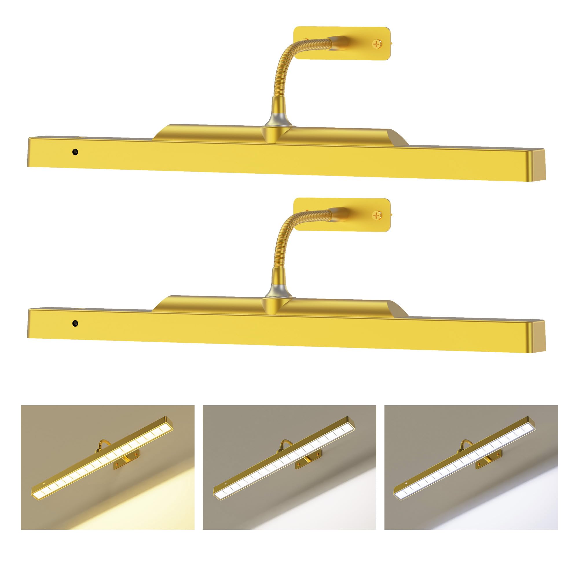 Picture Light with Remote Gold, 16inch Wireless Rechargeable Battery Wall Light for Paintings, 3 Colors with Dimmable and Timer 2Pack Art Light for