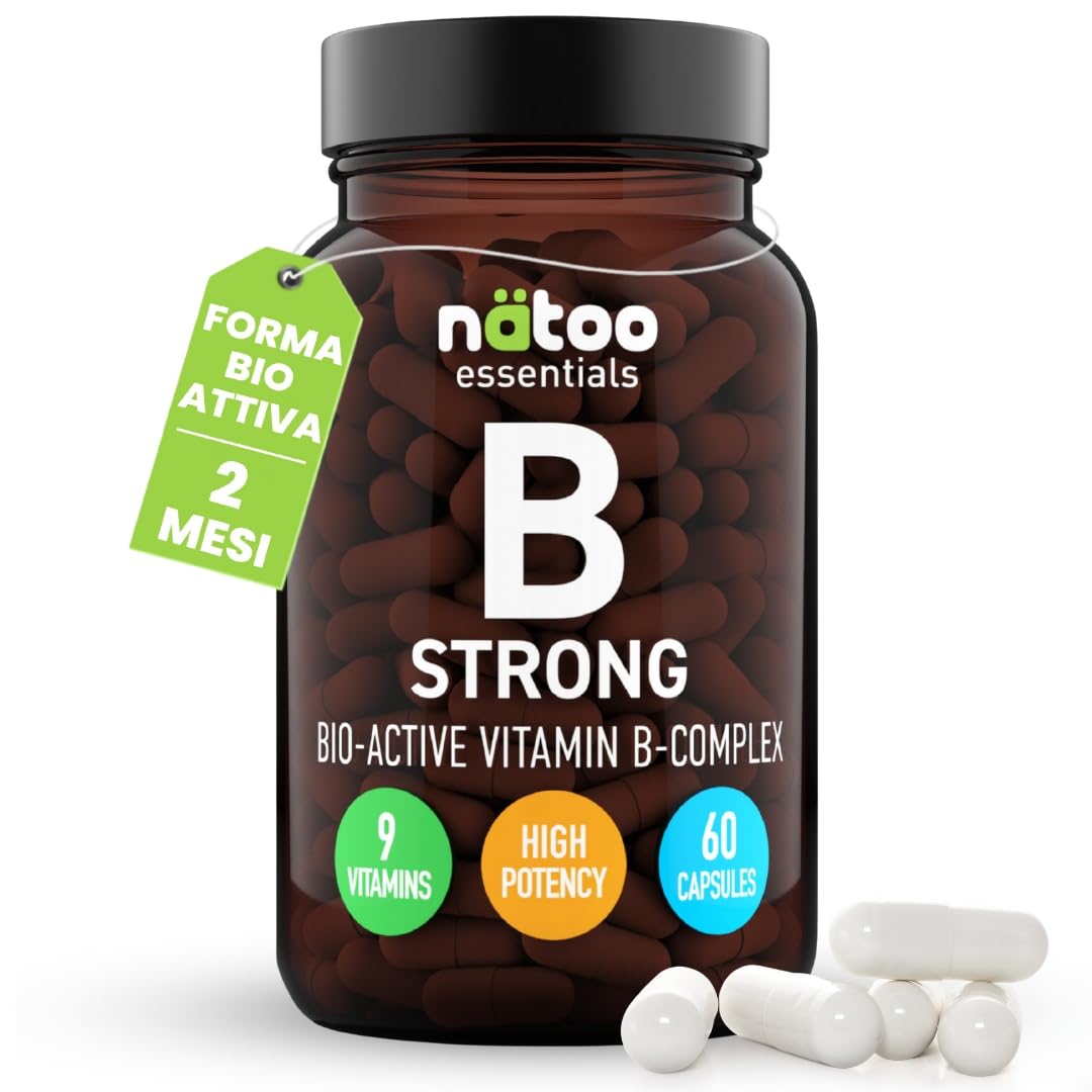 NÄTOO Vitamina B Complex Strong 60 Capsule con Vitamina B1, B2, B3, B6, B9, Colina, B7, B8, B12, nella loro Forma Bio-Attiva, 2 Mesi di Fornitura