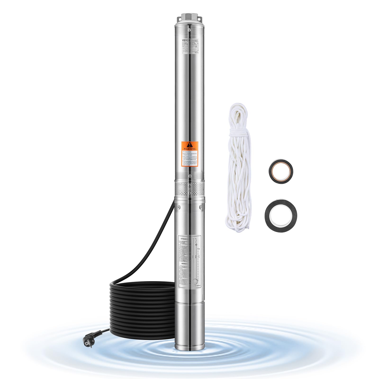 VEVOR Pompa Sommergibile per Pozzi Profondi IP68, Potenza in Uscita 750 W, 230 V, Portata 100 L/min, Prevalenza 75 m, con Cavo da 20 m, Pompa Acqua in Acciaio Inox per Irrigazione Industriale
