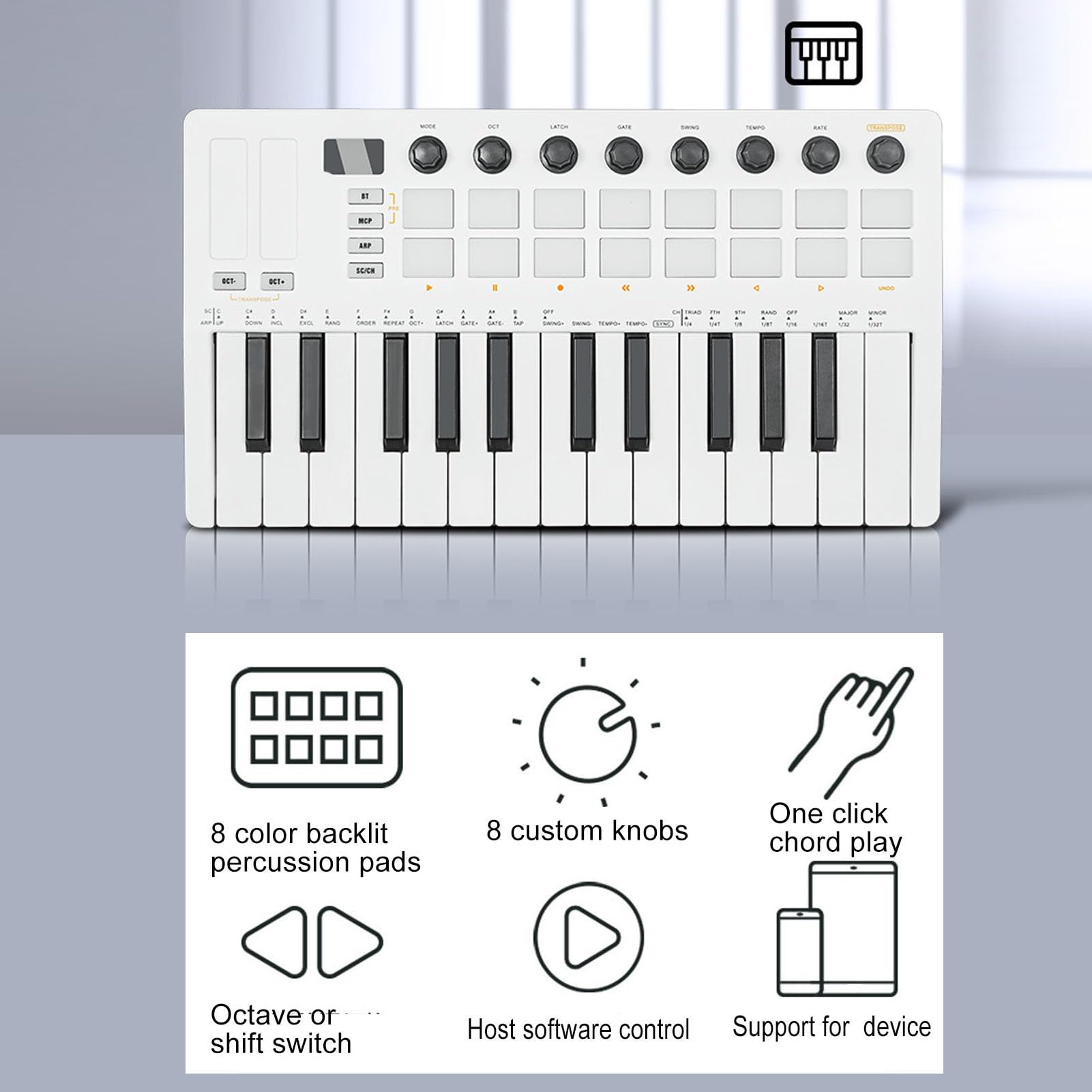 Controller MIDI Wireless, 25 Chiavi Sensibili alla Velocità, Compact per Produttori di Musica, Controller MIDI per Studio Casa, Sintetizzatore Virtuale, DJ e Musicisti Elettronici
