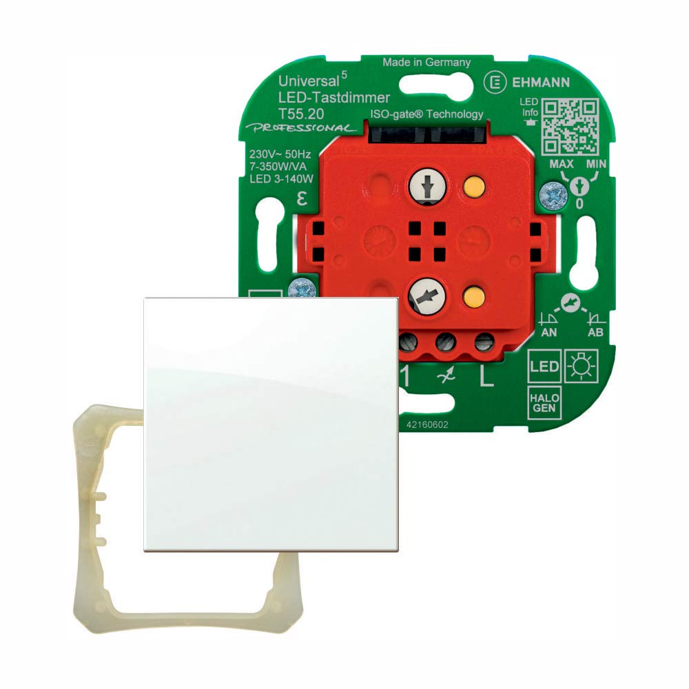 EHMANN LED-Universaldimmer, Unterputz-Tastdimmer, Dimmprinzip frei wählbar, Leistung: LED 3-140 W, 7-350 W/VA, inkl. Halterahmen und Wippe (RAL9010)