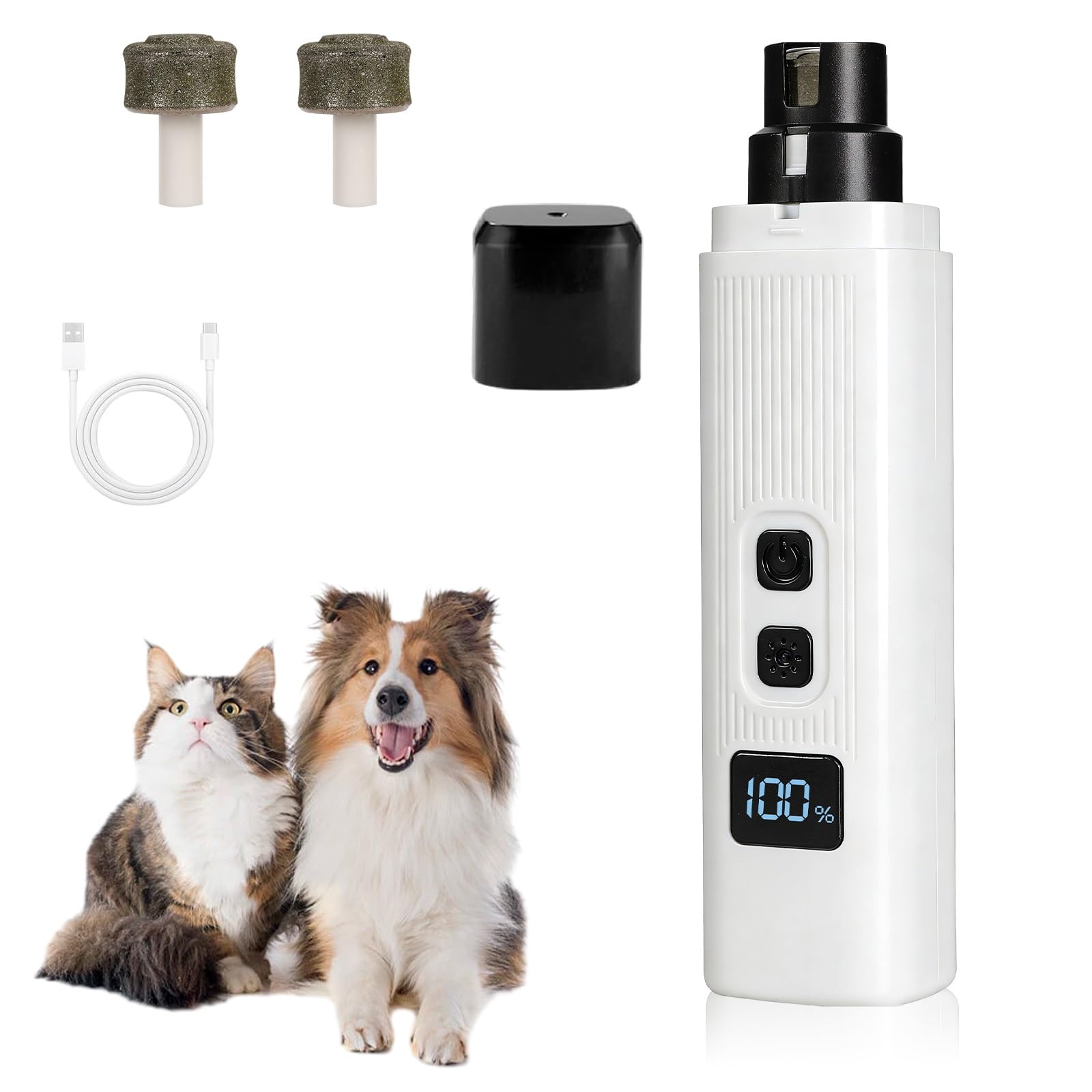 Cat Nail, Safe Cut Cat Nail Trimmer, Electric Pet Nail Grinder with LED Lights, Rechargeable Dog Nail Grinder, Two-Speed with 360&deg; Grinding Settings, Ultra-Quiet＆Powerful for All Cats＆Dogs (White)