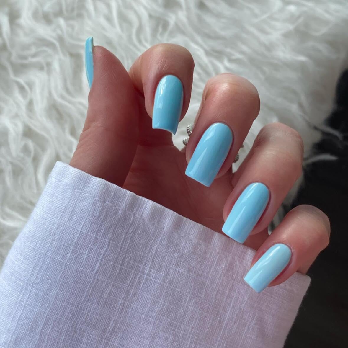 KQueenest Light Blue Press on Nails Long Square, Baby Blue False Nails Long Medium Coffin