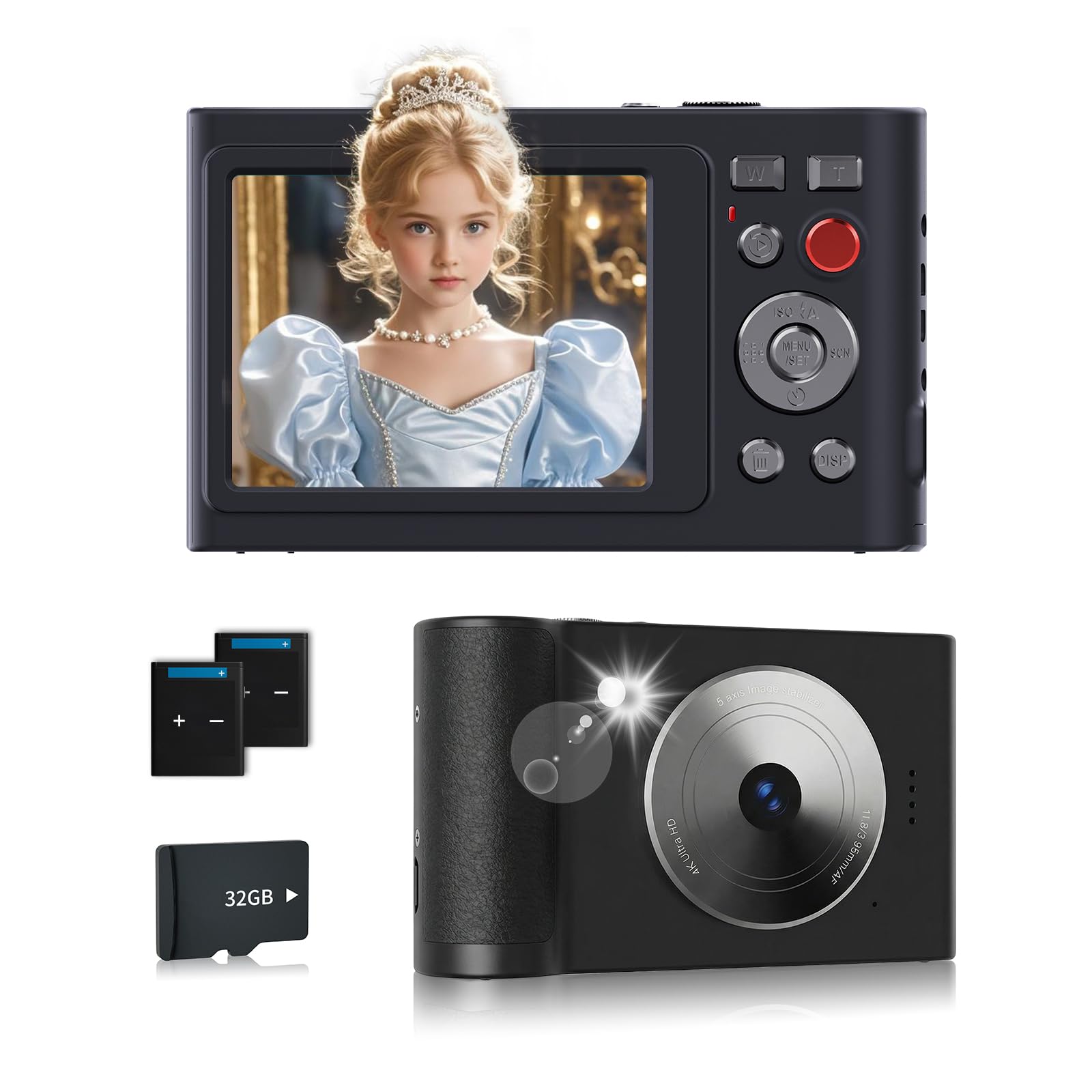 Fotocamera digitale, fotocamera FHD 5K con scheda da 32 GB, cordino, zoom 16X anti vibrazione, fotocamera compatta portatile da 64 MP, regalo per studenti, bambini e adolescenti (nero)