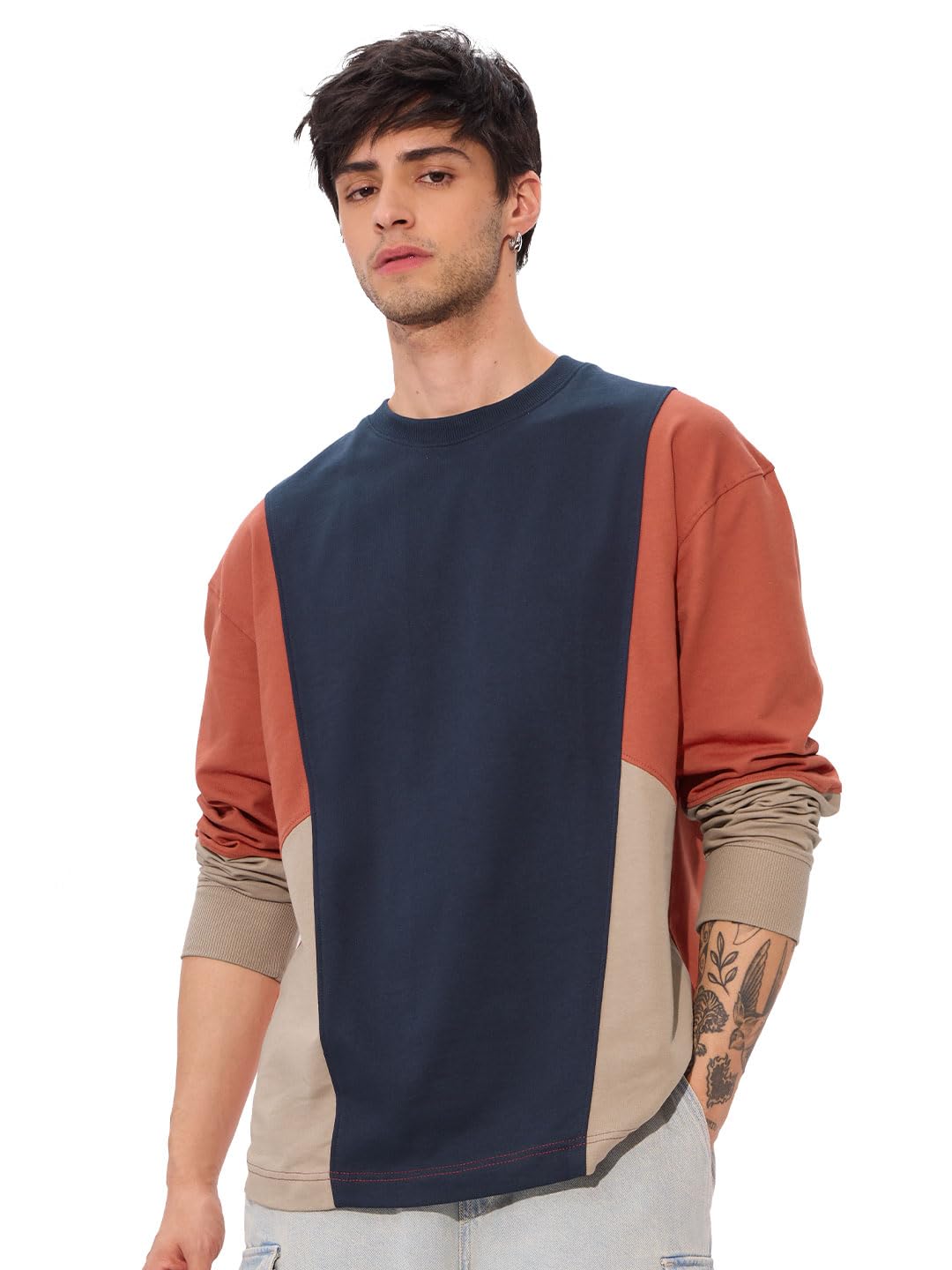 True Navy Men and Boys Round Neck Multicolor Color Blocked Cotton Oversized Full Sleeve T-Shirts-image-0