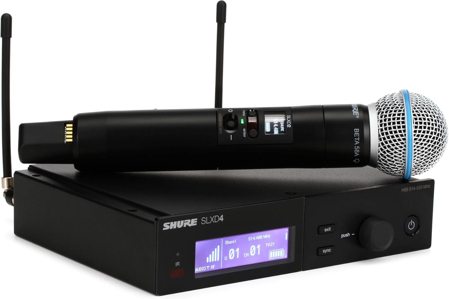 Shure SLXD24D/B58 Dual Channel Digital Wireless Microphone System - Includes Two SLXD2 Handheld Transmitters with BETA 58A Vocal Mic Capsules, SLXD4D Rack Mount Receiver | J52 Band (SLXD24D/B58-J52)