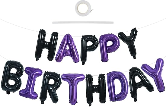 TONIFUL Happy Birthday Balloons Banner 16 Inch Mylar Foil Letters Birthday Sign Banner Bunting Reusable for Girls Boys Kids & Adults Birthday Decorations and Halloween Party SuppliesBlack Purple