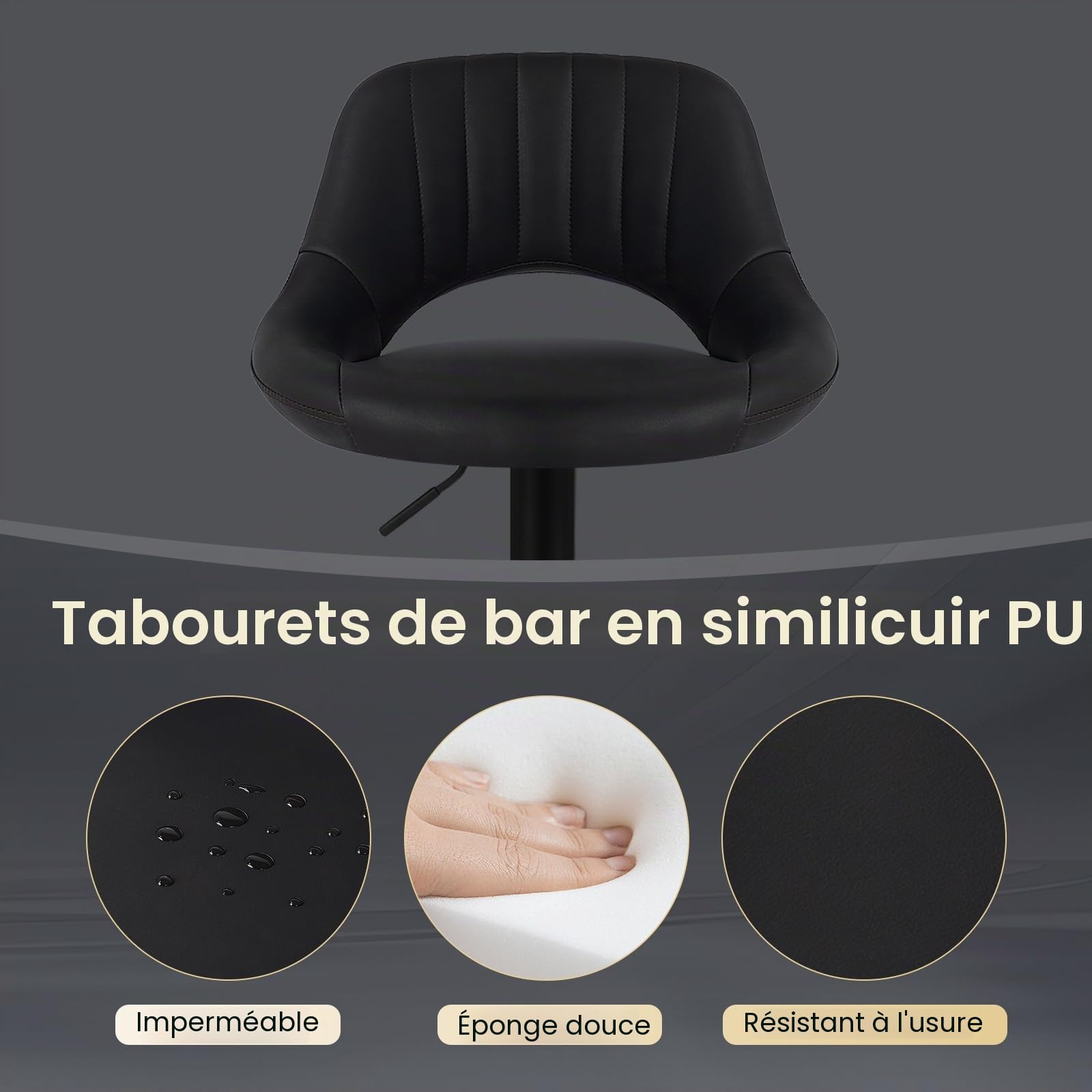 EUGAD Tabourets de Bar Lot de 2, Rotatif à 360 °et réglable en Hauteur,Tabouret de Cuisine, en Similicuir, Anthracite 0666BY-2