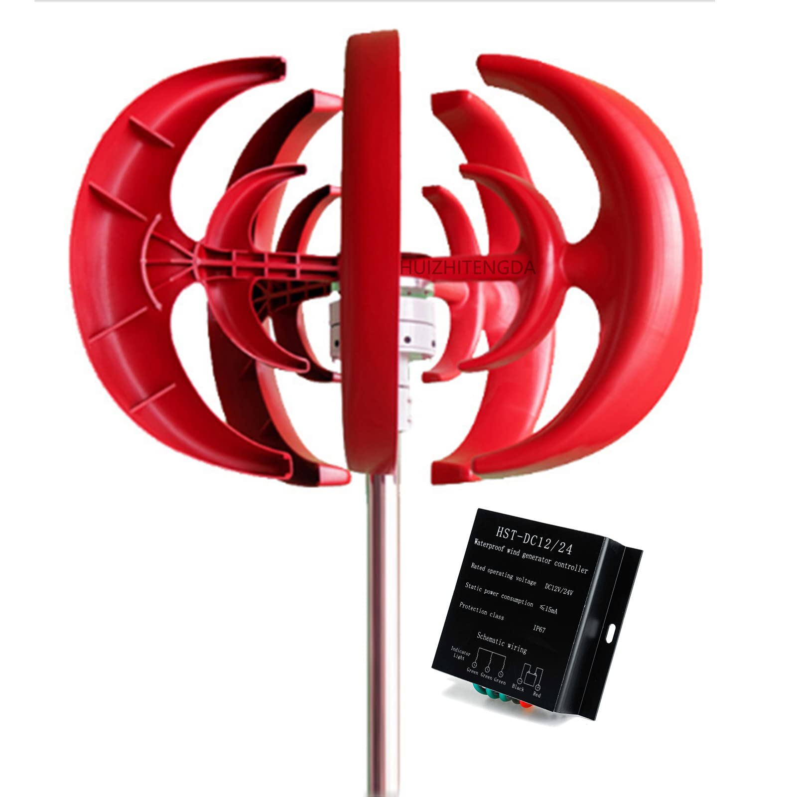 Generatore di Turbine Eoliche da 200W 12V 24V, Generatore di Turbina A Magneti Permanente Verticale Rosso con Controller MPPT per Giardini da Esterno (5 Lame)