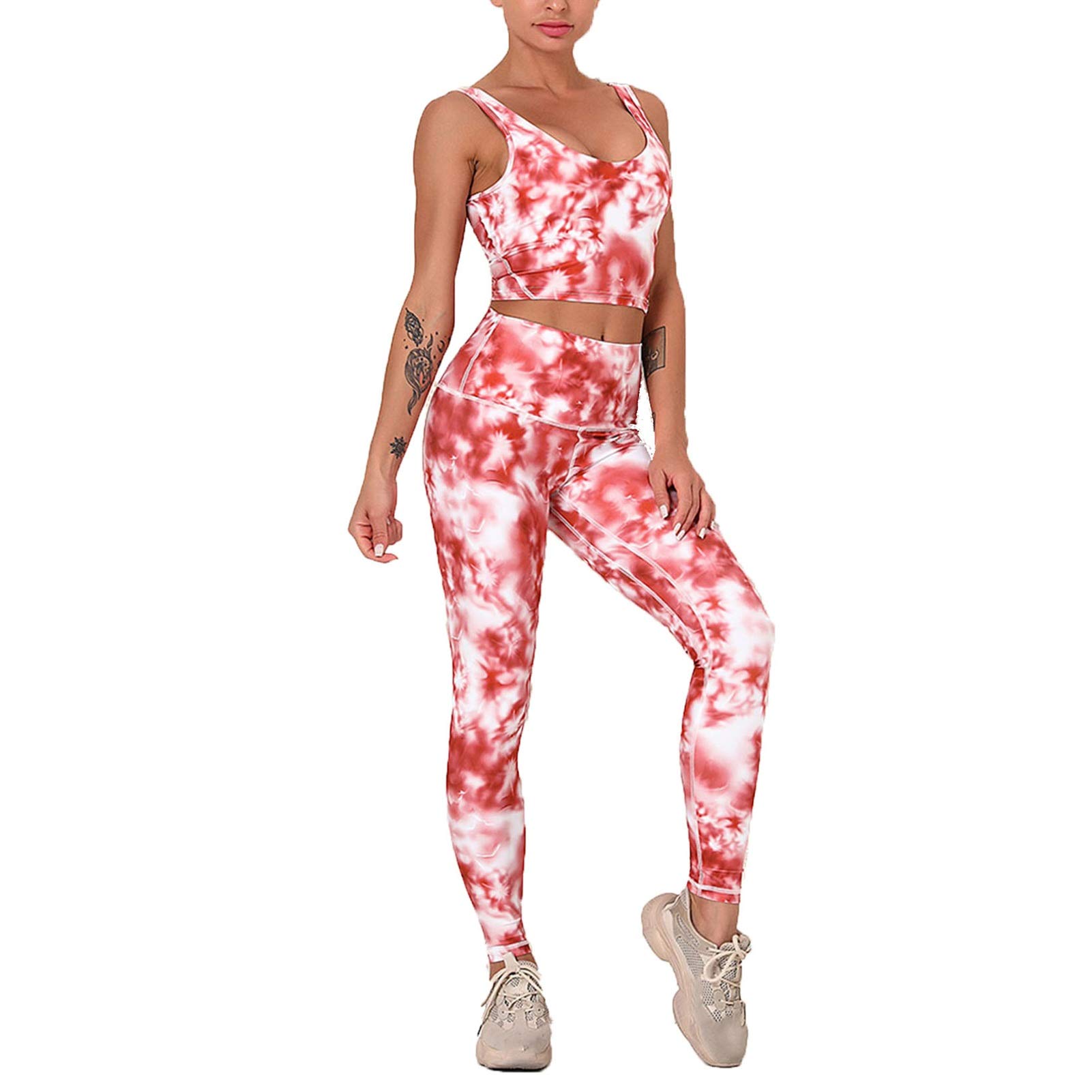 Top Leggings Set Abbigliamento Sportivo Donna, Stampe da donna Allenamento Set 2 pezzi Abiti Abiti ad alta vita a vita alta Ascensore Skinny Yoga Leggings Racerback Bra reggiseno Crop Top Gym Vestiti