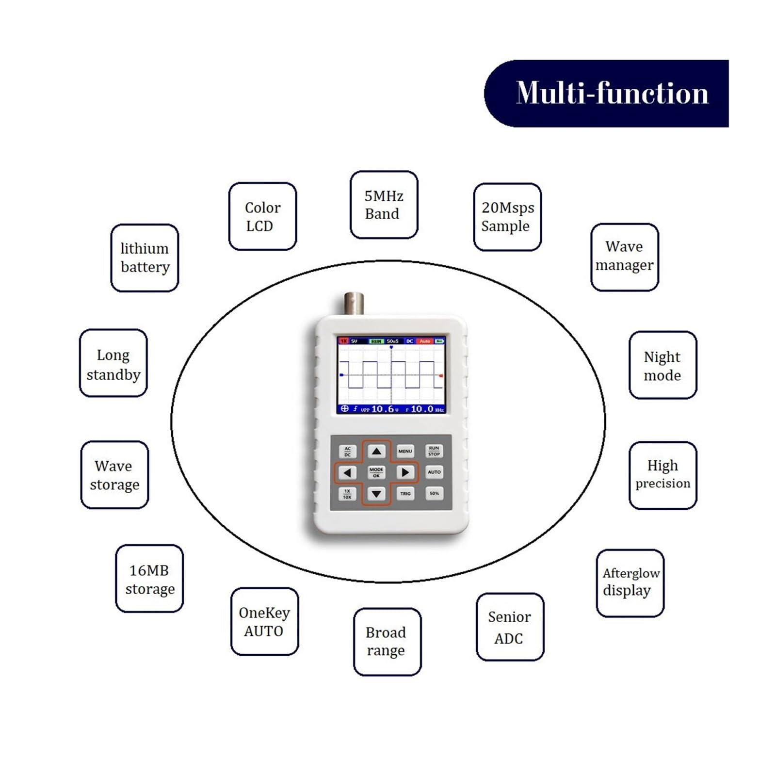 Mini oscilloscope numérique portable portable bande passante 5M taux d'échantillonnage 20MSps