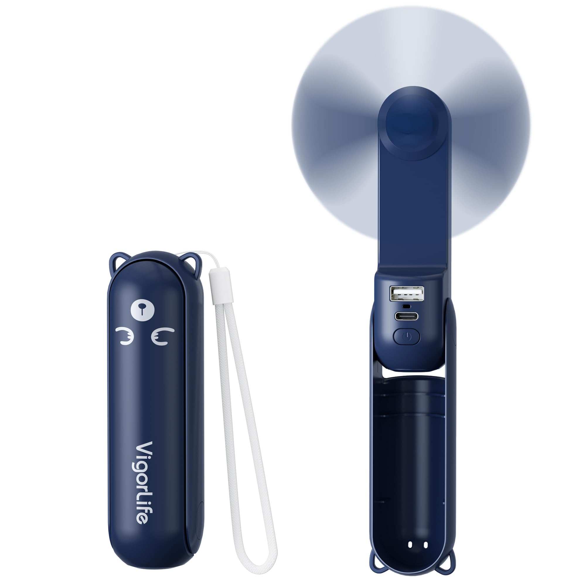 Handheld Mini Fan, USB Rechargeable 3 IN 1 Portable Fans with Power Bank, Flashlight, Small Foldable Pocket Design for Travel & Concerts, Emergency Essentials for Outdoor, Gifts for Women (Navy Blue)