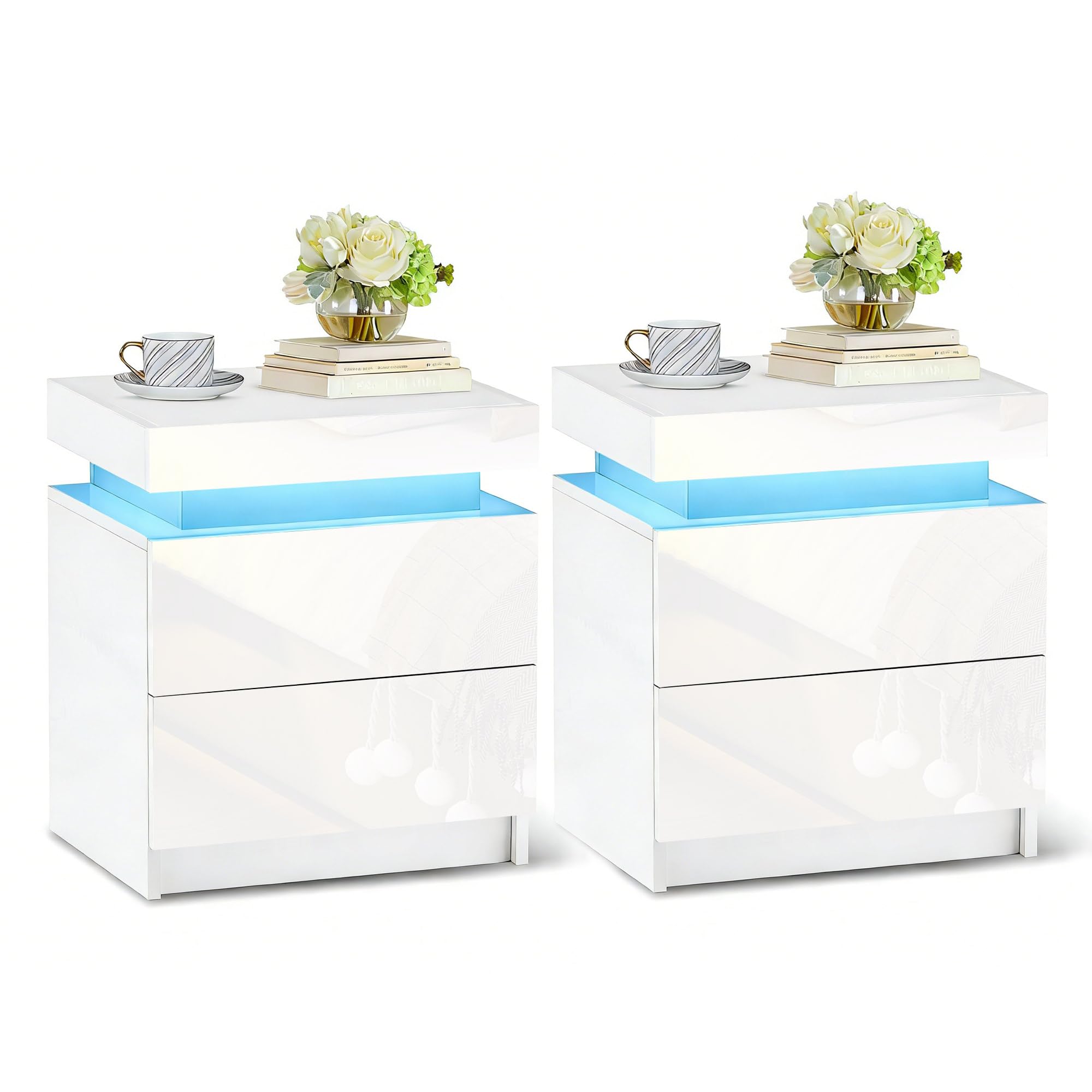 CLIPOP Bedside Tables Set of 2 with LED Lights, High Gloss Front Side Table with 2 Drawers and Top Storage Cabinet, Modern LED Nightstand for Bedroom Living Room, White, 2PCs โ image 1