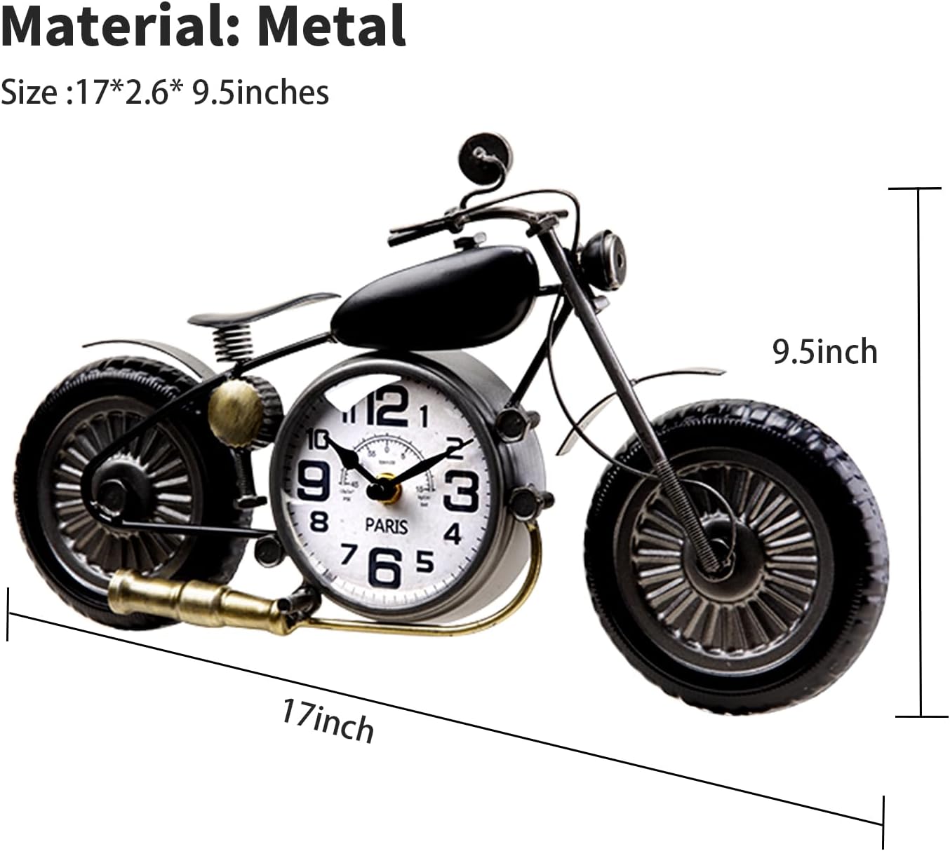 Dankeit Motorcycle Tabletop Clock, Retro Black Metal Clock, 12" x 10", Battery Operated, Silent, No Ticking, For Bedroom, Dining Room, Home Office, Living Room, Kid's Room