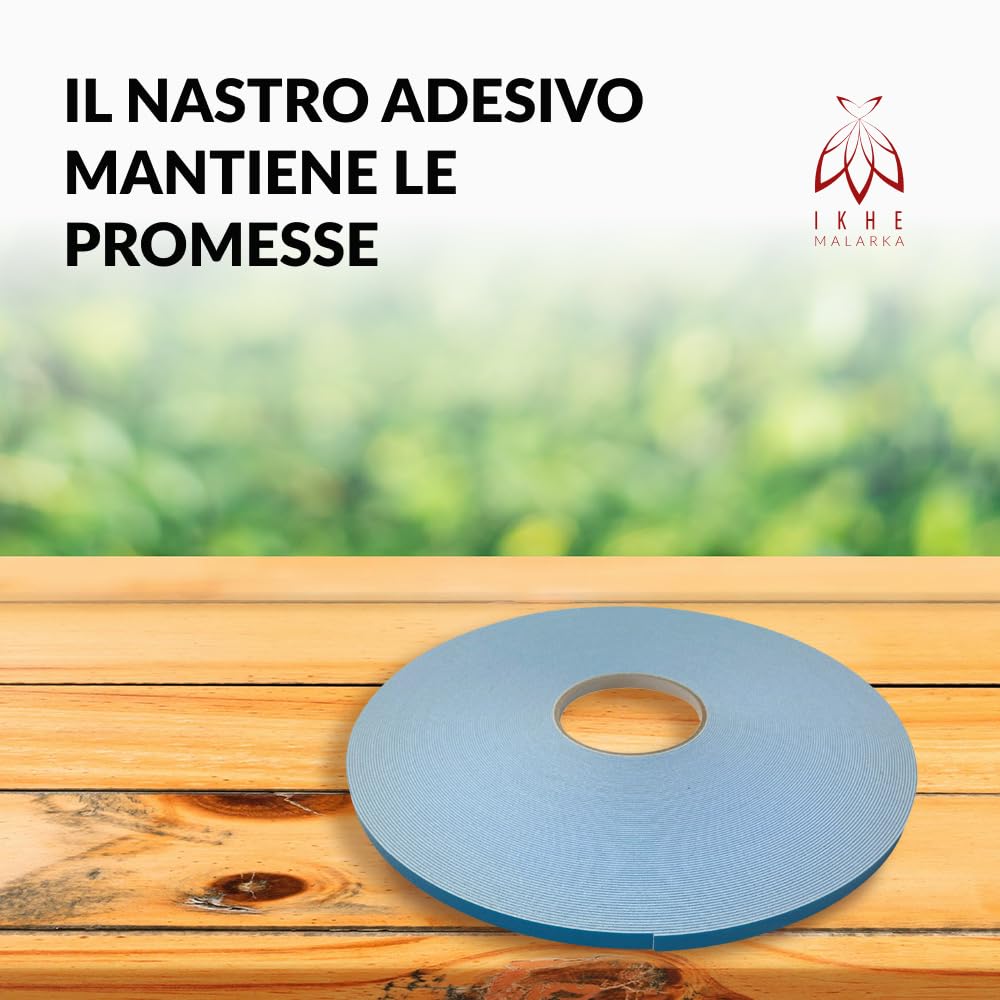 I K H E MALARKA 45 metri nastro biadesivo extra forte universale per oggetti leggeri – Articolo/larghezza 9 mm, spessore 1 mm (15 pezzi – 675 metri)
