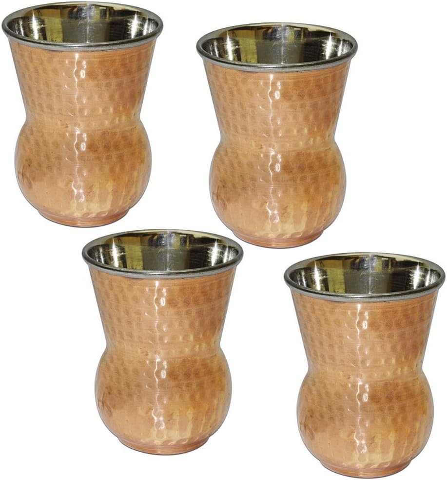 Hammered Copper Muglai Matka Glass -(Set of 4)Outside Copper Inside Stainless Steel Tumbler:-Capacity-400 ml