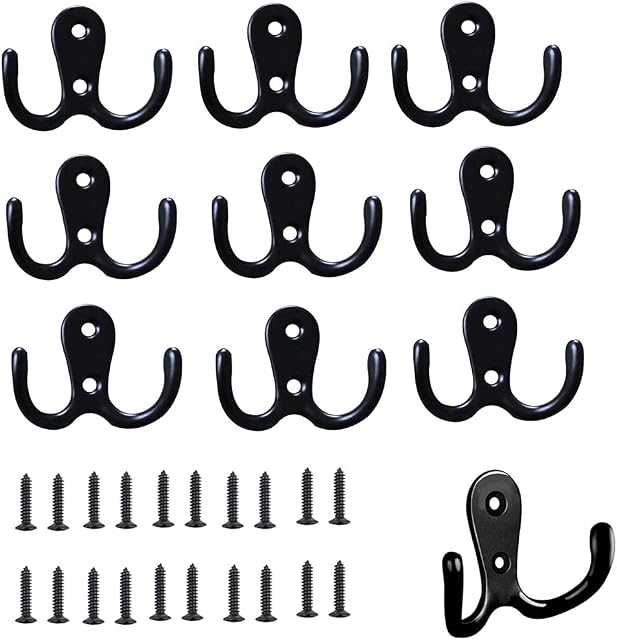 NA 10 Pieces Coat Hooks Double Prong Coat Hooks Metal Coat Hooks Wall Mounted for Coat, Scarf, Bag, Towel, Key, Hat (Black)