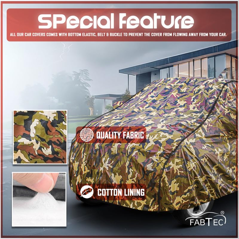 Image of FABTEC Car Body Cover for Honda Amaze Jungle Print with Soft Cotton Lining Waterproof Car Cover UV & Rain Protection with Mirror Pocket Bottom Elastic (Military /Camouflage Pattern)