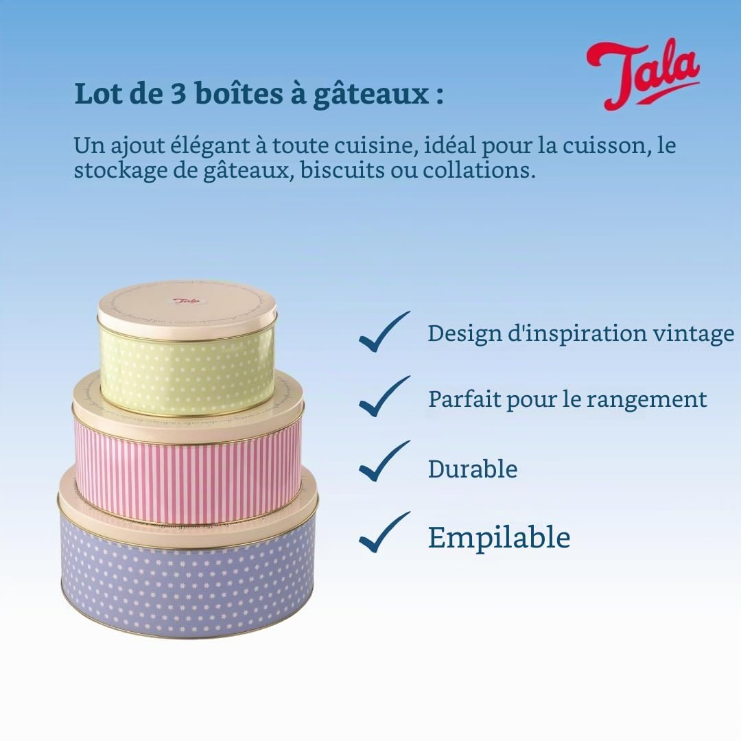 Tala Ensemble de 3 Boîtes à Gâteaux en Métal au Design Rétro Empilables Pour Conservation de Gâteaux, Biscuits et Produits Salés Tailles : 25,5 cm x 10 cm, 22 cm x 9,5 cm et 17 cm x 8,2 cm