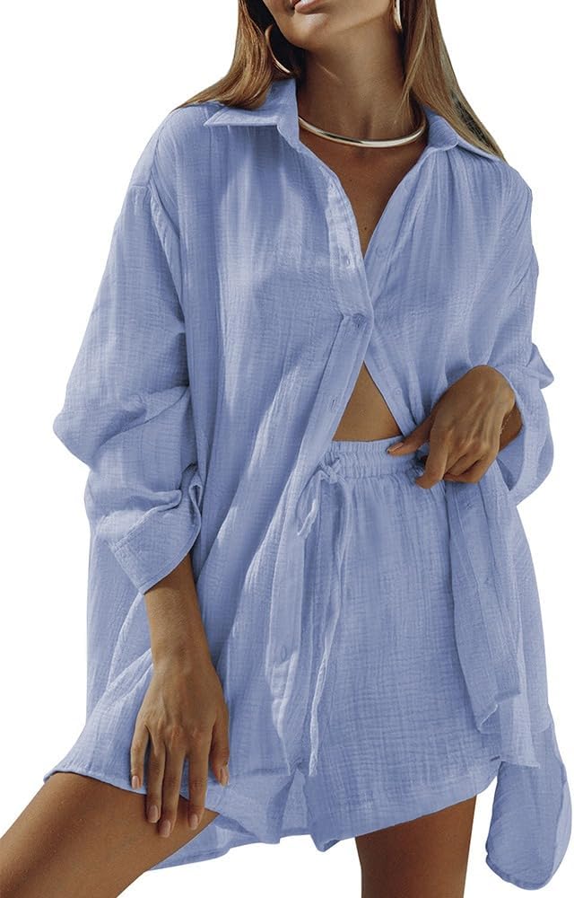 Fixmatti Women 2 Piece Outfits Long Sleeve Button Down Blouse and Shorts Sweatsuit Sets