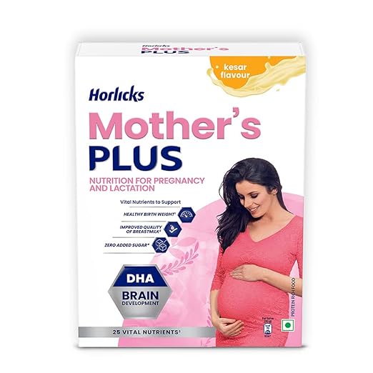 Horlicks Mother's Plus, Health Drink for Pregnancy & Lactation, Protein for Healthy Birth Weight, No Added Sugar, Kesar Flavour, Refill, 500g Powder