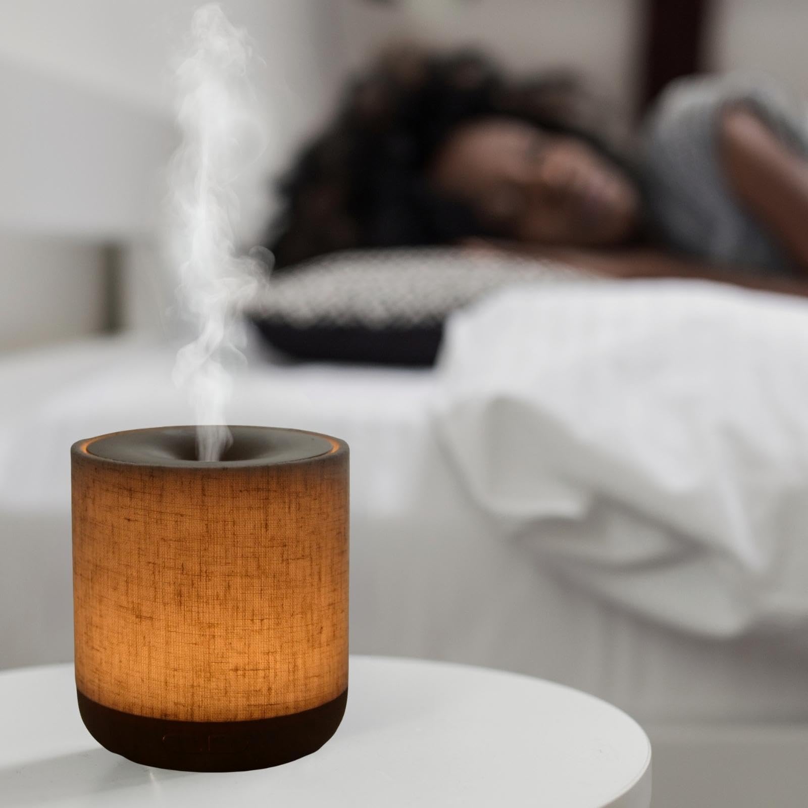 Zen'Aroma Difusor ultrasónico Alesia - Difusión de Aceite Esencial en frío Aromaterapia - Diseño Original, Carcasa de Lona de Lino y Revestimiento de Color Madera - difusión + iluminación