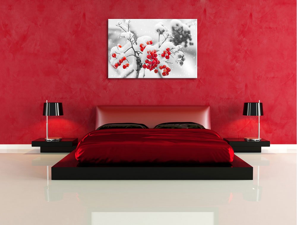 Pixxprint Rote Vogelbeeren im Winter B&W, Größe: 120x80cm, Leinwandbild, fertig gespannt, Wandbild, Dekoration, Kunstdruck, kein Poster