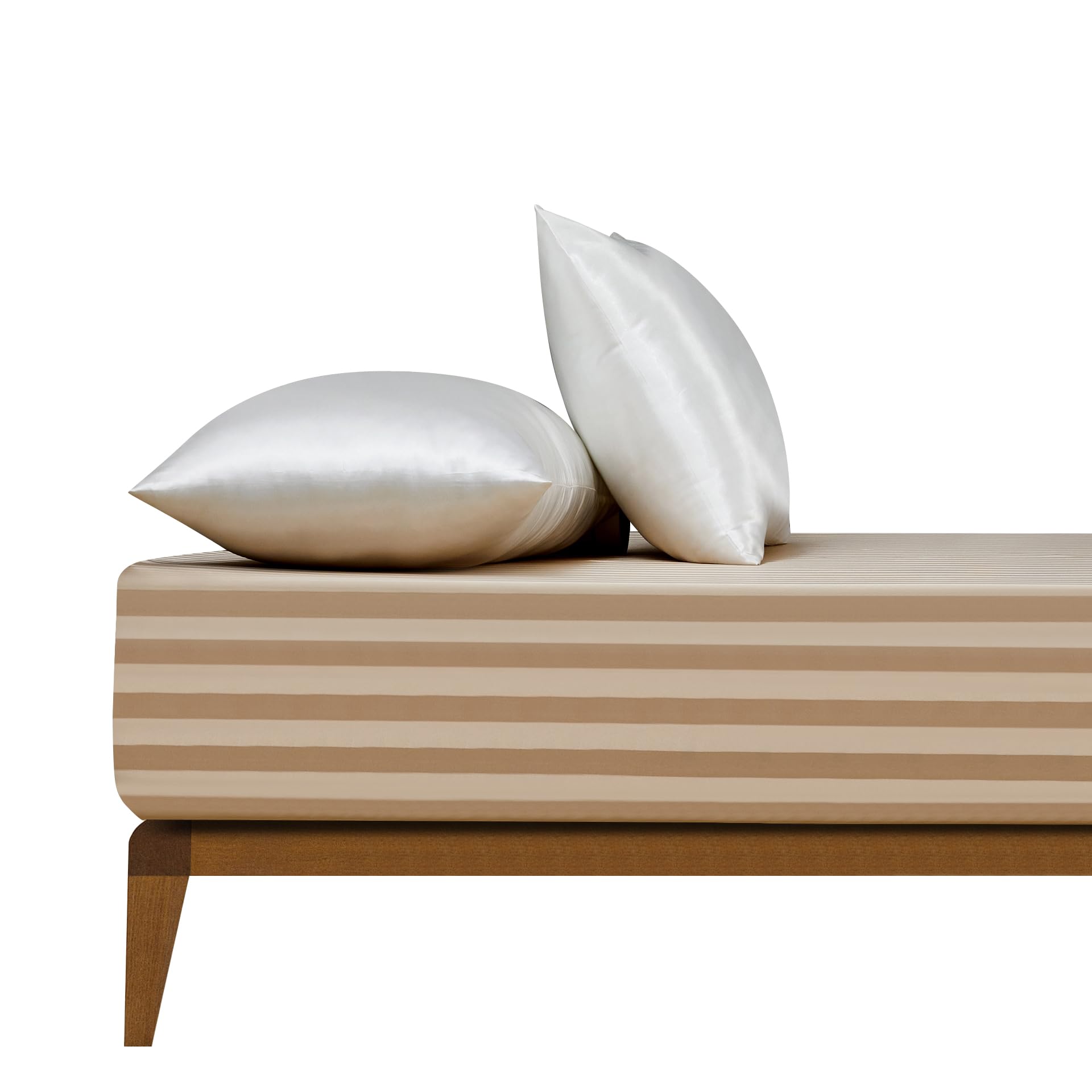 Boqingzhu Sábana bajera de satén de 160 x 200 cm, color beige y dorado, a rayas, microfibra, para colchón de hasta 30 cm