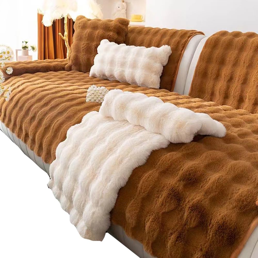 CANYUE Thick Rabbit Plush Sofa Covers, Non-Slip Sofa Slipcovers, Furniture Protector Sofa Covers for 3 Cushion Couch Loveseat Recliner L Shaped Armrest Backrest (Caramel,90x180cm)