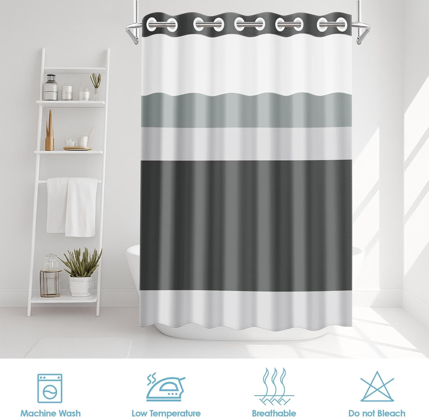 No Hook Grey Stripes Shower Curtain with Snap in Fabric Liner Set, Gray Modern Geometric Double Layers Waterproof Fabric with See Through Top Window Bath Curtain 71x74 Inch
