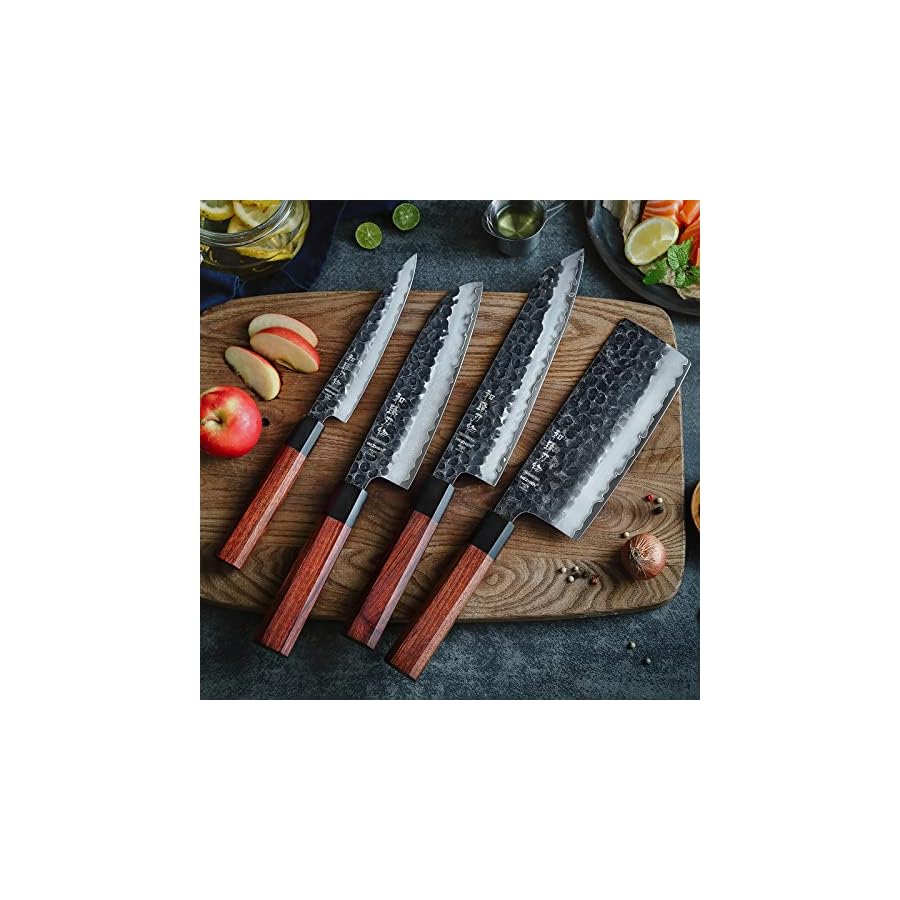 HEZHEN Kitchen Knife Set 4PCS, Clad Steel Chef Knife Nakiri Forged Steel Santoku, Wooden Octagonal Handle